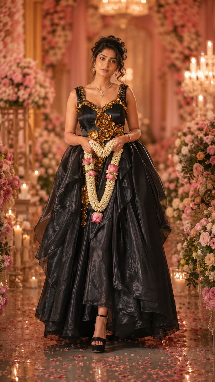 Black Organza Golden Rose Gown — seated side view